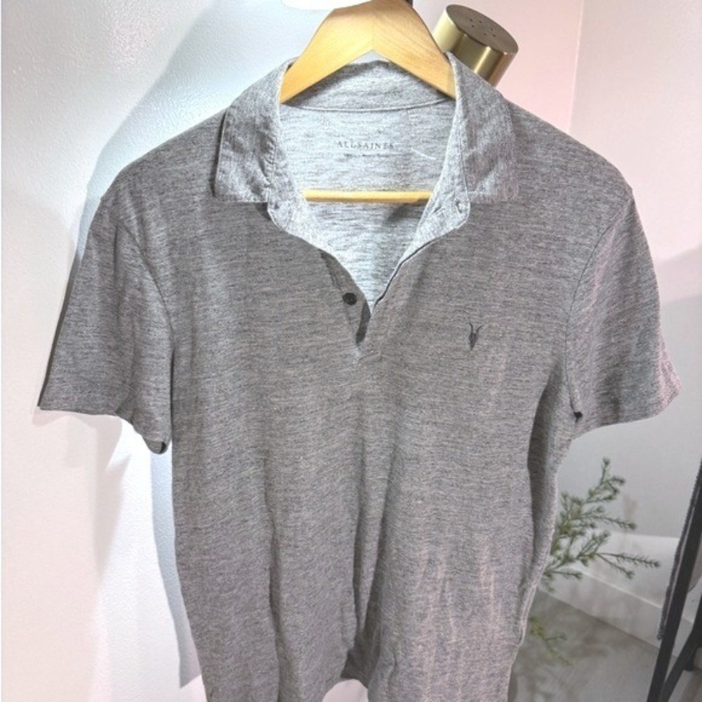 All Saints Polo heathered gray logo classic fit easy wear‎ everyday knitwear SM